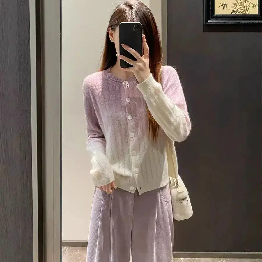 

【Gift Free】Women Clothing Winter Fashion Gradient Lilac Wool Fuzzy Knit Sweater Cozy Warm Round Neck Top 2025 Autumn