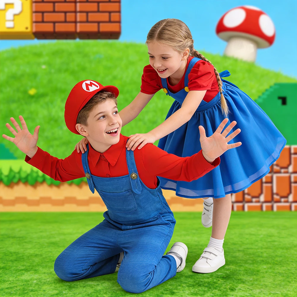 Fashion 2Pcs Sets Brother Sister Costume New Movie Super bro Cosplay Set Birthday Dress Up Boys and Girls Perform Birthday Suit