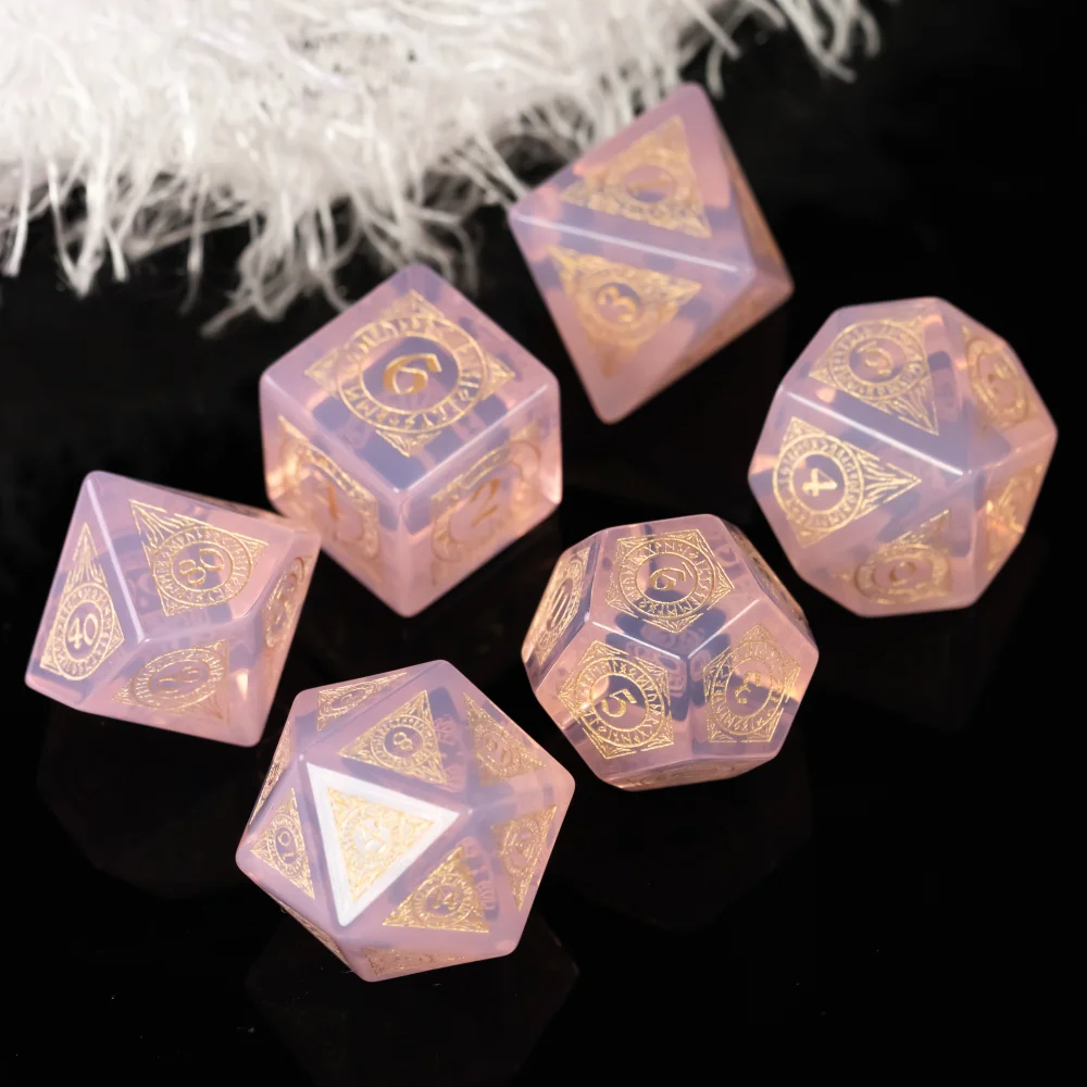 

Cusdie Handmade Opal Stone Dice, 7Pcs 16mm Polyhedral Dice Set with Leather Box, Gemstone D&D Dices for Collection