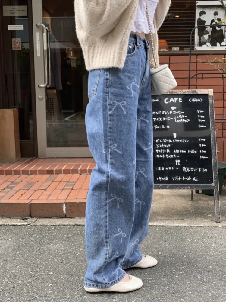 Jeans Retro Autumn Pant Women Sweet Bow Print Fashion Korean Style Loose Pleated Ladies Trousers High Waist Woman Long Pants