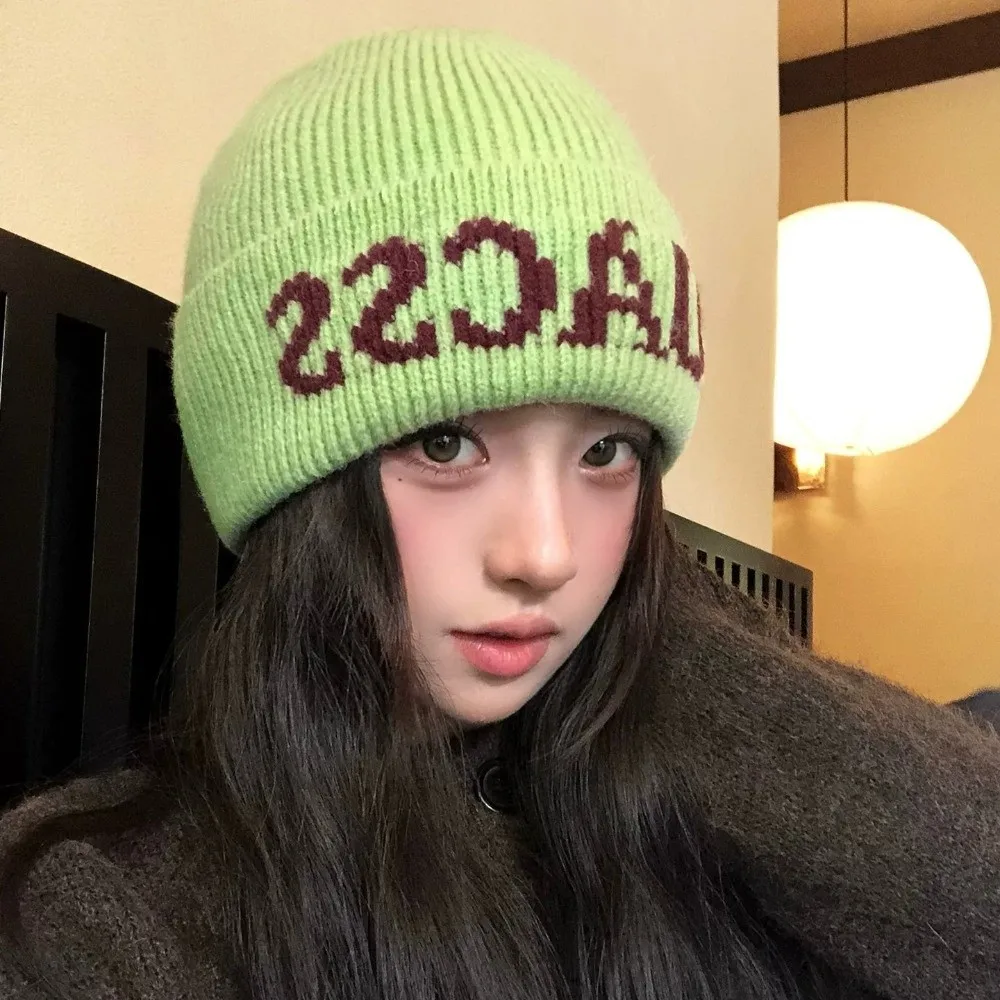 Large Head Size Letter Knitted Beanie Hat Warm Face Slimming Earflap Winter Hat Ear Protection Thick Casual Skull Cap Girls