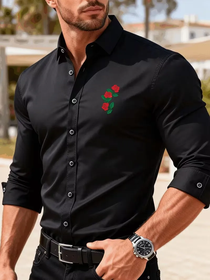 Men's Premium Business Casual Shirt with Flower Rose Slim Fit Long Sleeve Wrinkle Resistant Dress Shirt Multi Styles Available