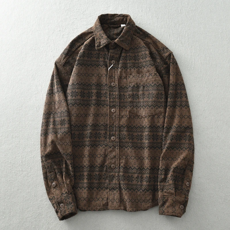 Fall fashion vintage corduroy shirt men\'s embroidered loose lapel long sleeve top coat