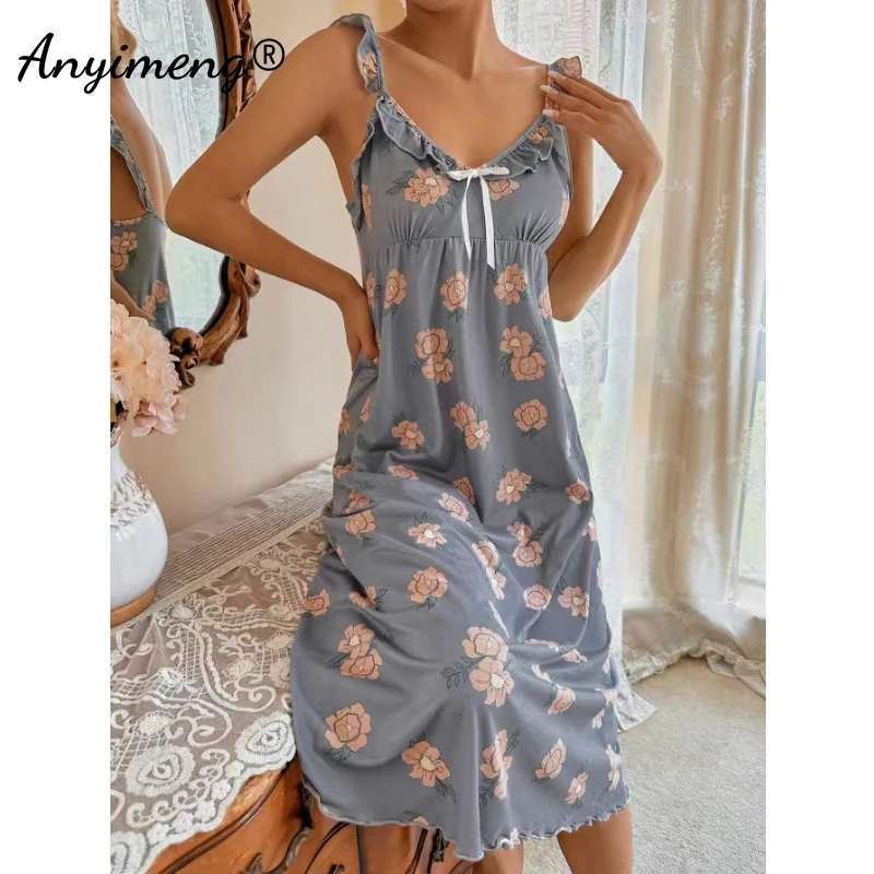 Ruffle Dress Elegant Floral Homedress Chic Slim Gowns Lady Lingerie Gorgeous Women Nightgowns Summer Fashion Retro Nightdress