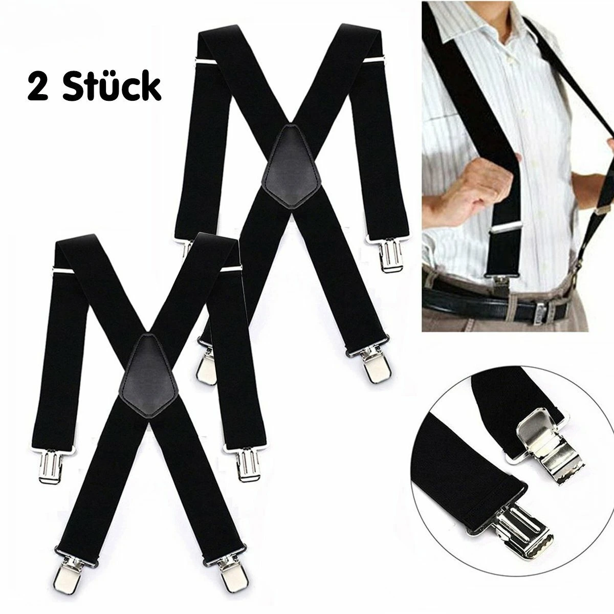 2x Hosenträger, stark, 50mm, für Damen und Herren, extra breit, X-Form mit 4 Clips