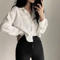 Simple Single Breasted Loose Casual Solid Long Sleeved Shirt And Blouse Office Lady Trend Short Top Simple Elegant White Clothes 3