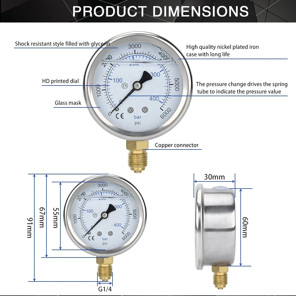 Alat cuci tekanan tinggi, meteran pompa tekanan tinggi dengan G1/4 "Fitting hidrolik Power Washer Gauge 400Bar 6000PSI