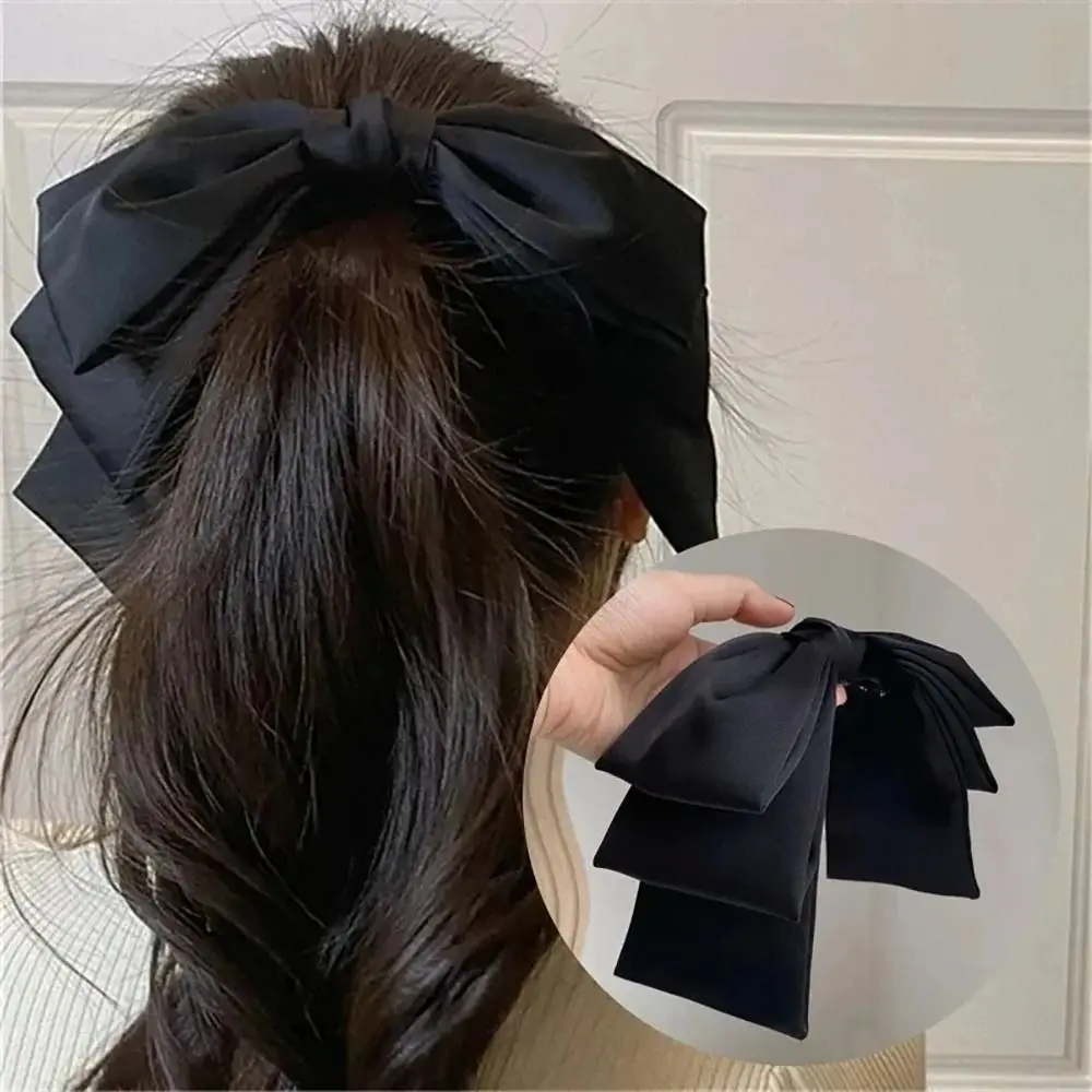 1Pcs Big Bow Satin Hair Clip Solid Pink Black Korean Fashion Pinches Hair Bows Multi Layer Girl Women Hair Pin