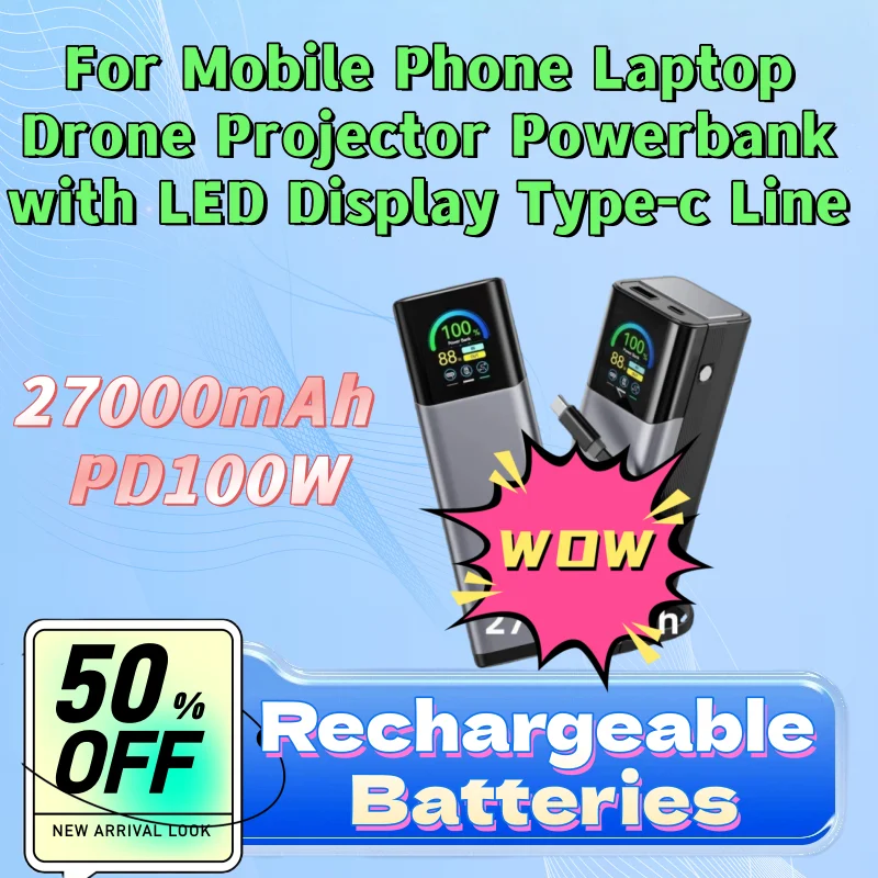 

For Mobile Phone Laptop Drone Projector Powerbank with LED Display Type-c Line 27000mAh PD100W Fast Charging Portable Power Bank
