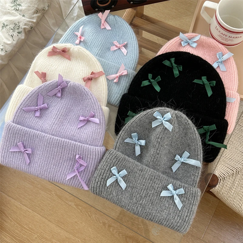 

2023 Korean Style with Black Bow Knitted Beanies Hats for Women Soft Warm Winter Hat Female Ear Protection Casual Bonnet Cap