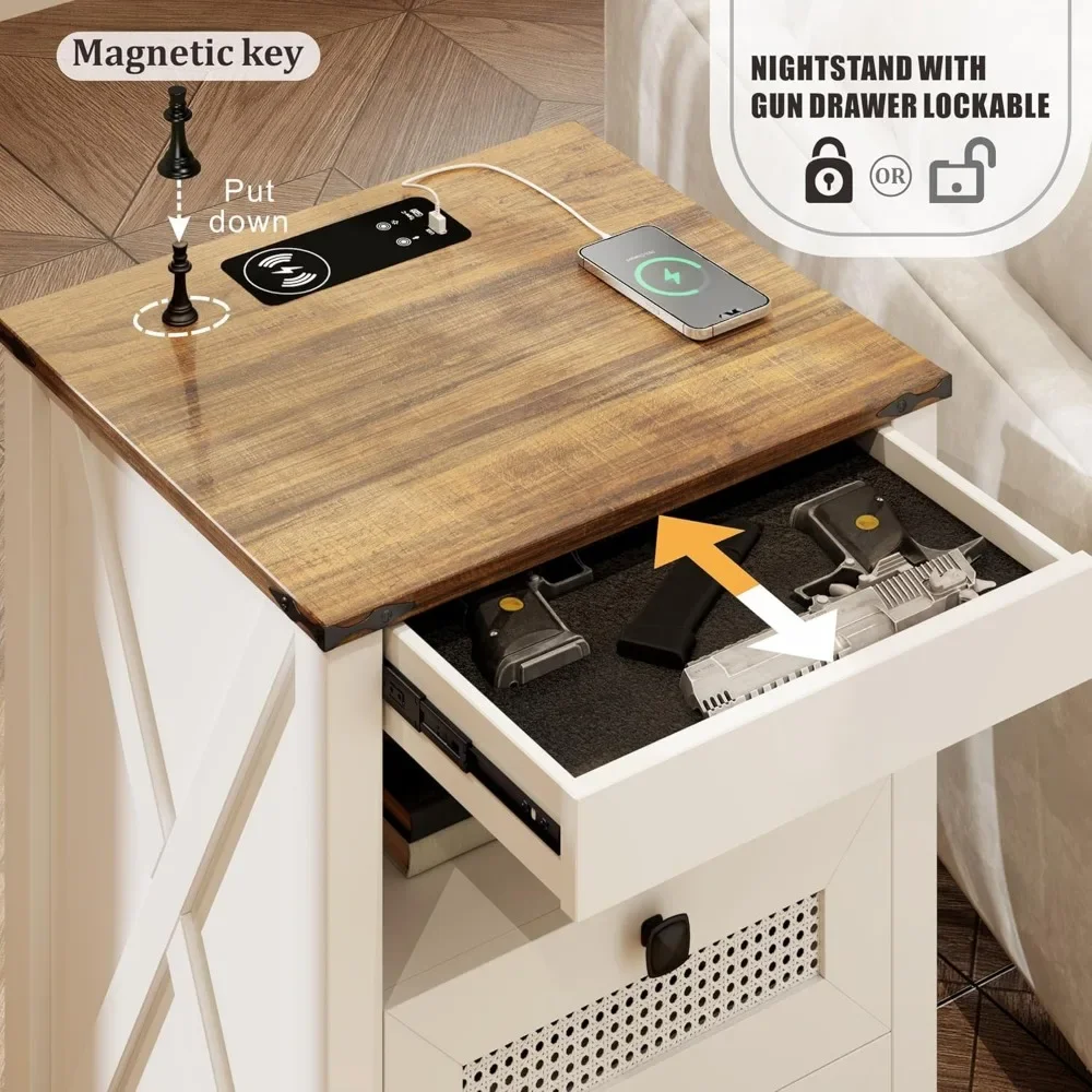 modern,Nightstand Set 2 with Gun Drawer, Bed Side Table with Charging Station, LED End Table with Human Sensor Light