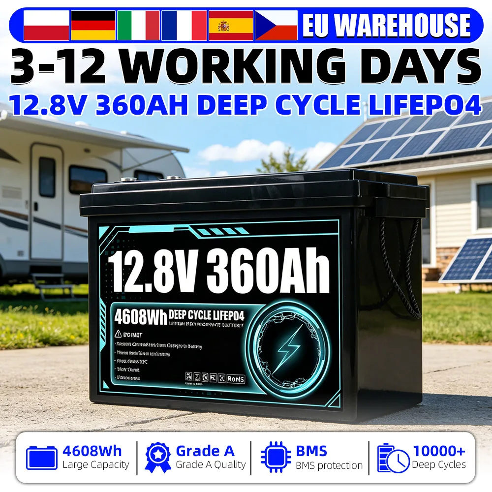 Batterie LiFePO4 rechargeable 12V 360Ah (plus de 10 000 cycles) avec cellules LiFePO4 de qualité A 12,8V pour DIY 24V, chariots de golf, camping, bateaux, solaires