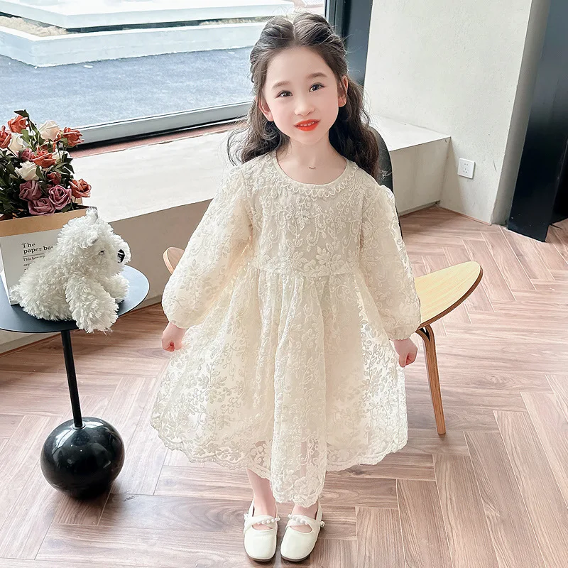 

Female.Children's Dress Spring New Style.Children's Stylish Floral Dress Princess Dress Baby Girl Lace Long Dress