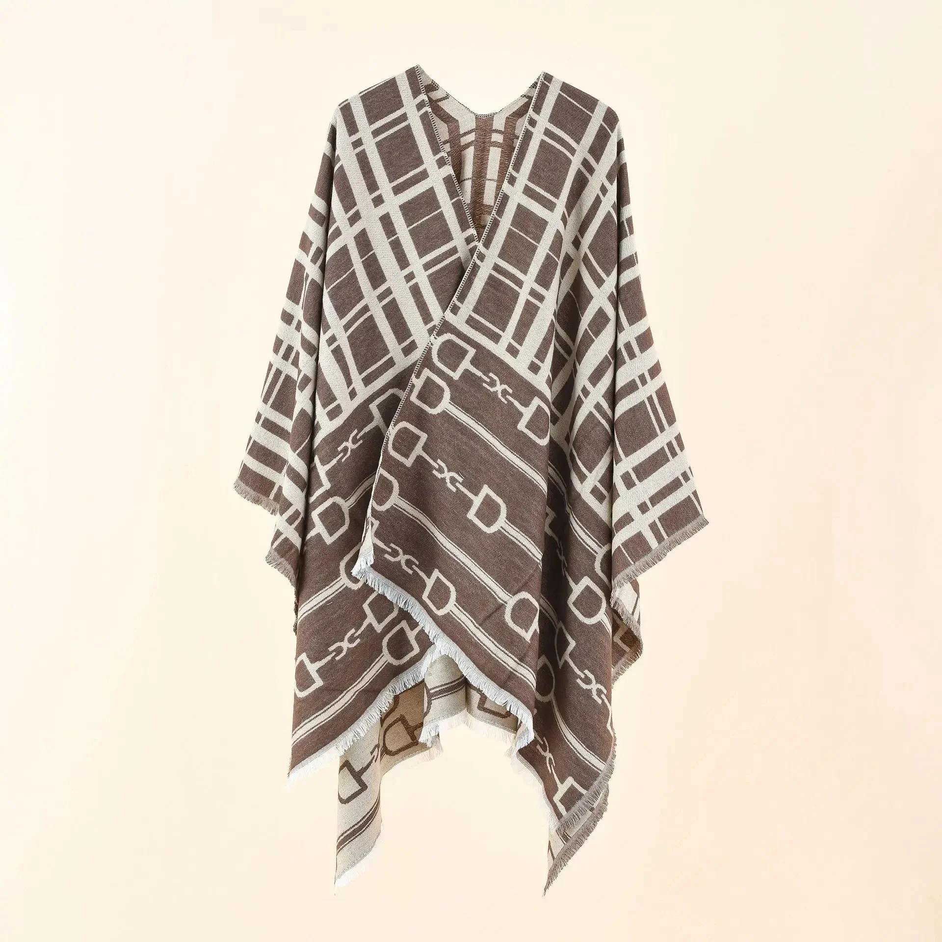 2024 Autumn Winter New Plaid Chain Pattern Imitation Cashmere Warm Casual Women Shawl Tassels Poncho Capes Lady Coat Coffee