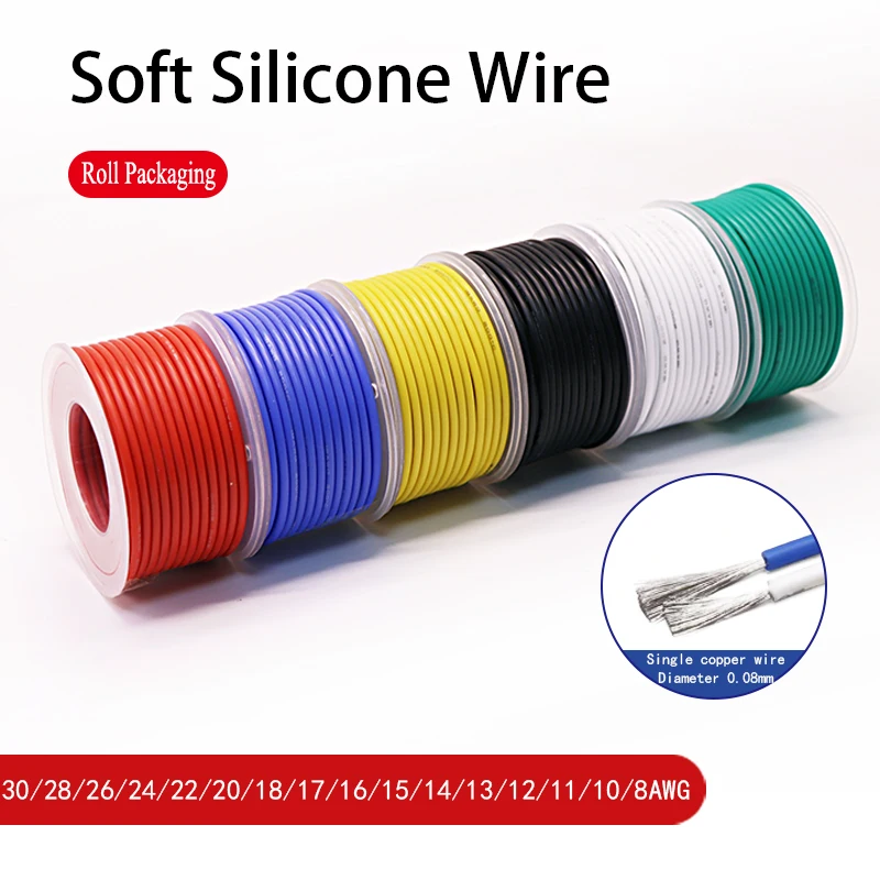 Cable de silicona trenzado para el hogar y el hogar, Cable Flexible de alta temperatura, 16-30AWG, 10M por rollo