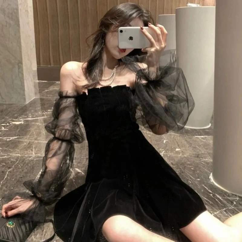 Temperament Mesh Bubble Sleeves Black Skirt Women Summer 2024 New Fairy Pure Party Off the Shoulder Waist Wrapped Fluffy Dress