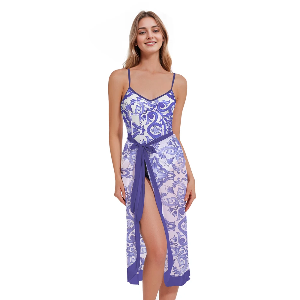 Blue Printed One Piece Swimsuit Women Bathing Suit Female Swimwear Girls Summer Beachwear Swimming Suit