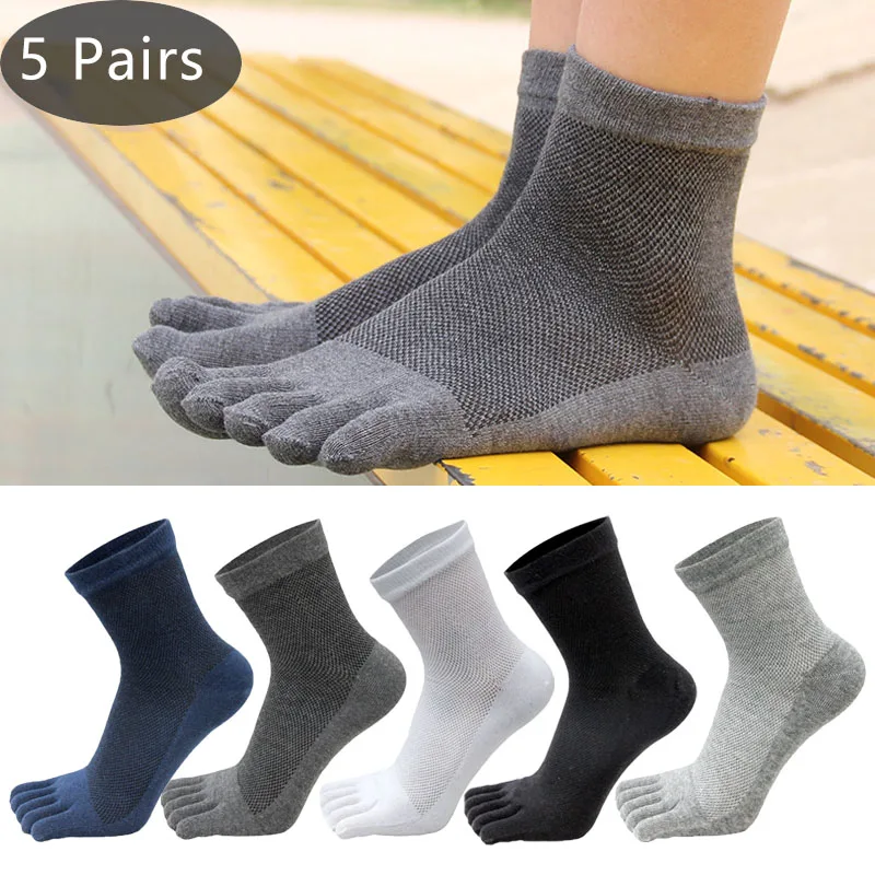 

5 Pairs Summer Man Five Finger Socks Short Mesh Breathable Solid Cotton Middle Tube Business Soft Elastic Party Dress Toe Socks