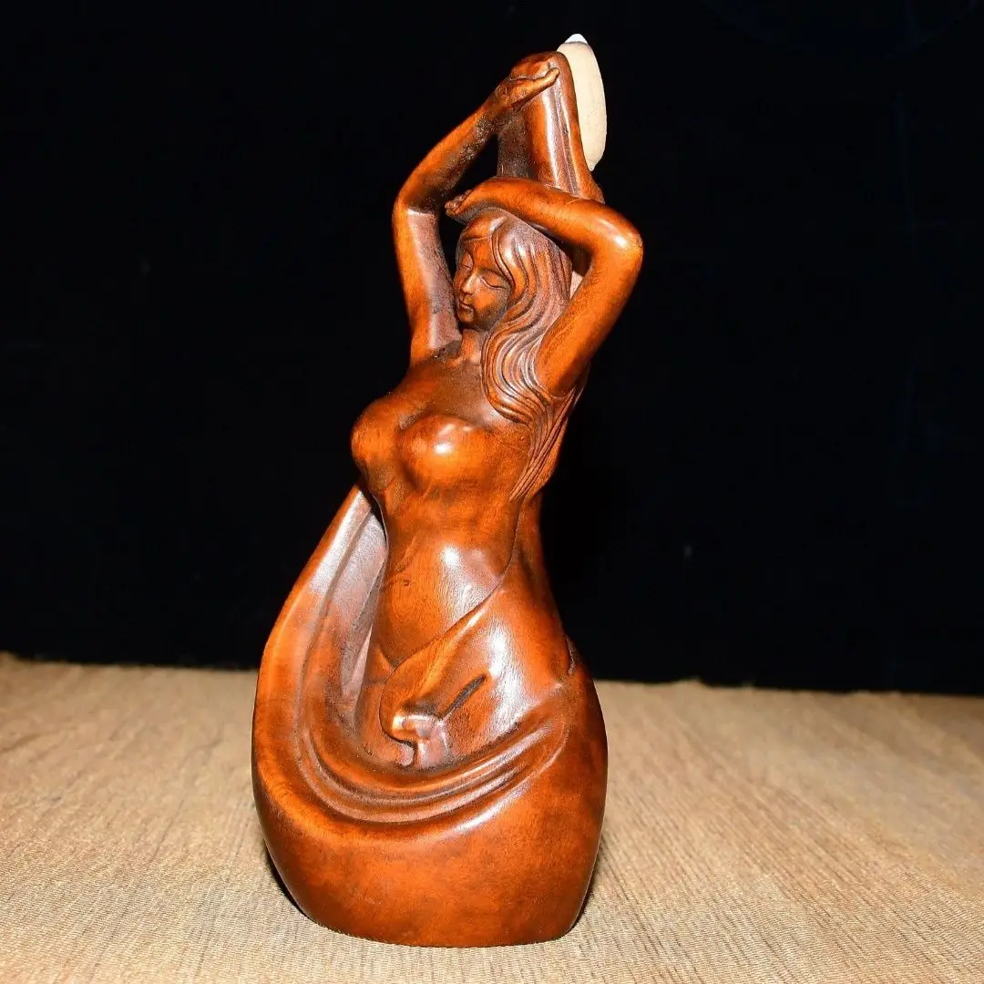 Hand Carved Wood long hair Beauty  Backflow Incense Burner Statue Figurine Desktop Ornaments Home Decoration