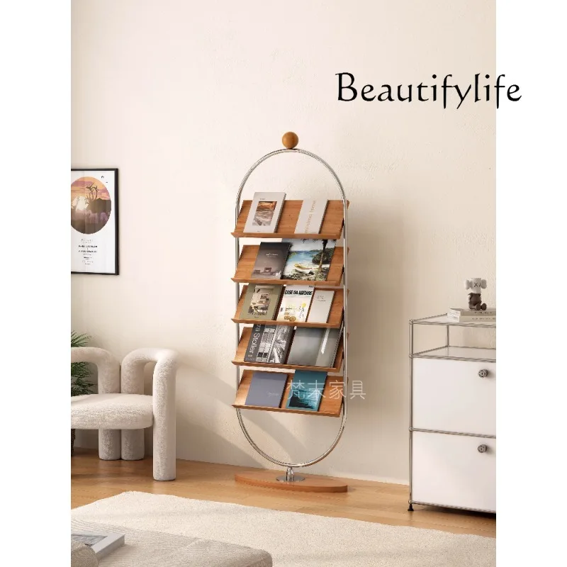 Retro Solid Wood Magazine Stand Living Room Storage Bookshelf Floor Cherry Wood Display Stand Newspaper