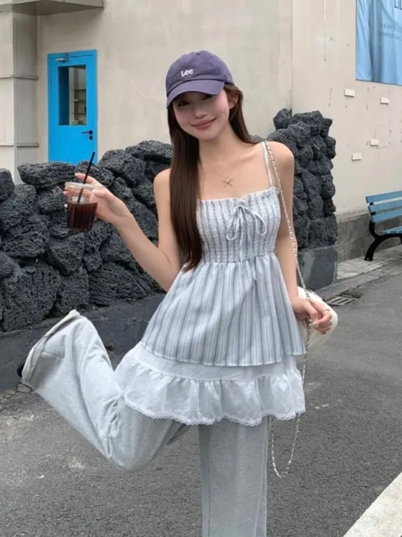 

Korean Sle Slimming Summer Fre Sweet Anti-Aging Lace Trim Loose Striped Tank Top Women's Outerwear Casual Faion