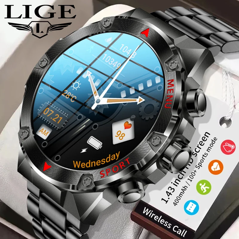 

Смарт-часы со стальной полосой, мужские Bluetooth-вызовы, мужские часы с AMOLED-экраном 1,43 дюйма, спортивный трекер, мужские водонепроницаемые умные часы для здоровья
