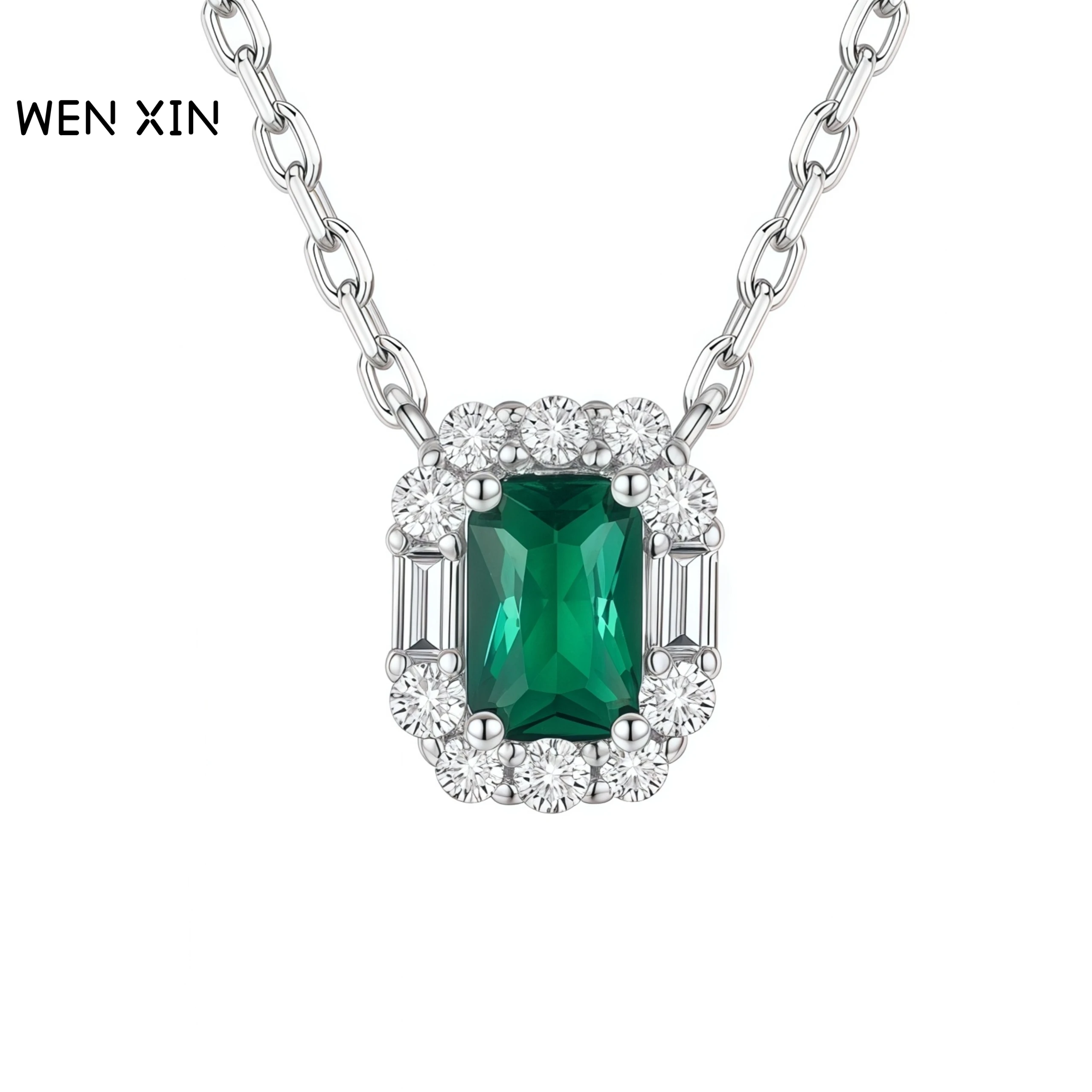 

WENXIN Luxury Square Diamond Inlaid Emerald Necklace Pendant 925 Sterling Silver Pendant Simple Stylish Necklaces Fine Jewelry