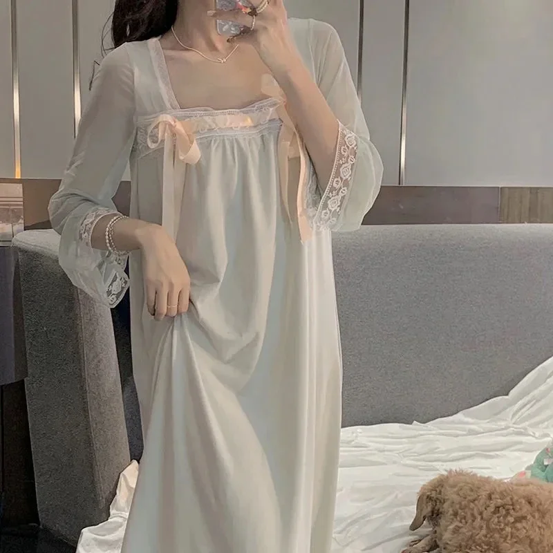 

30112Palace style Hanfu square collar nightdress early autumn new sweet princess style lace mesh lace home service dress