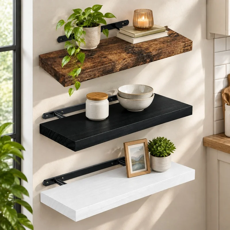 Durable Floating Wall Shelf with Concealed Supports for Kitchen, Bathroom, Nursery, and Living Room Storage