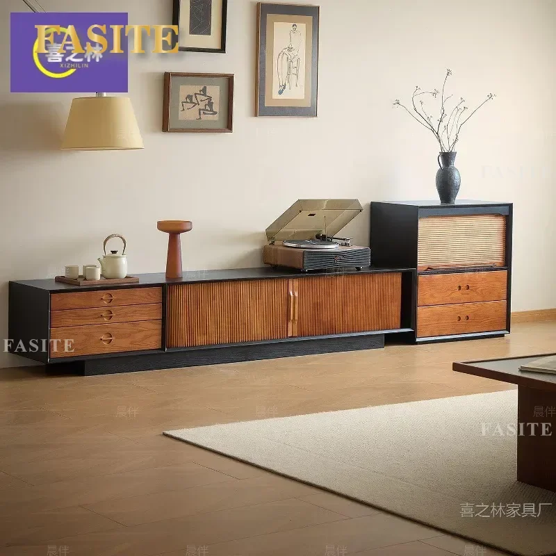 For Small Apartment Living Room French Antique Black Solid Ash Wood TV Cabinet Retro Home Furniture Storage Console
