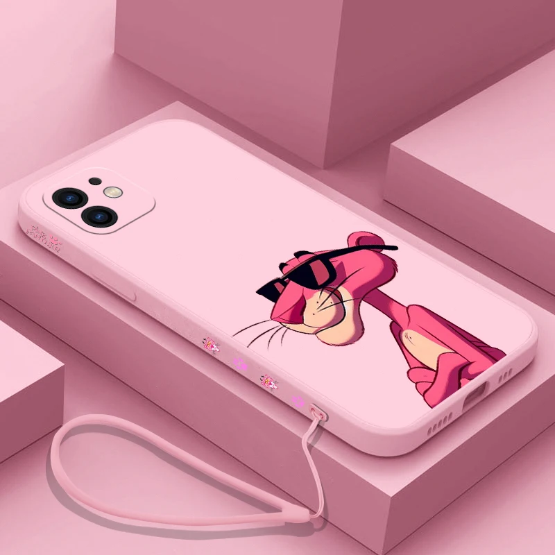 Cartoon Phone Case For iPhone 15 14 13 12 11 Pro Max Mini X XR XSMAX 8 7 Plus Pinks Panthers Soft Silicone Cover With Hand Strap