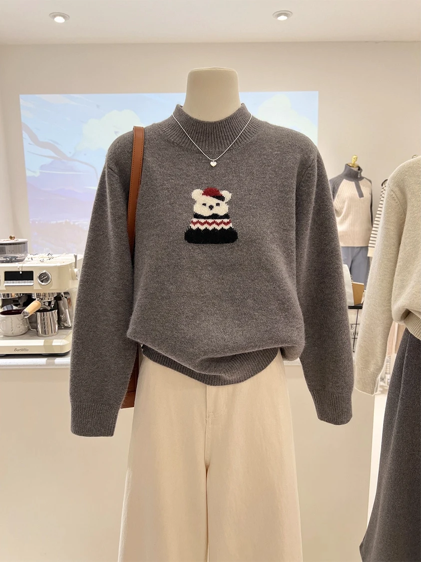 

Свободный вязаный свитер женский с высоким воротником, с узором в виде медведя, повседневный, для работы, с длинными рукавами, топ с эффектом похудения