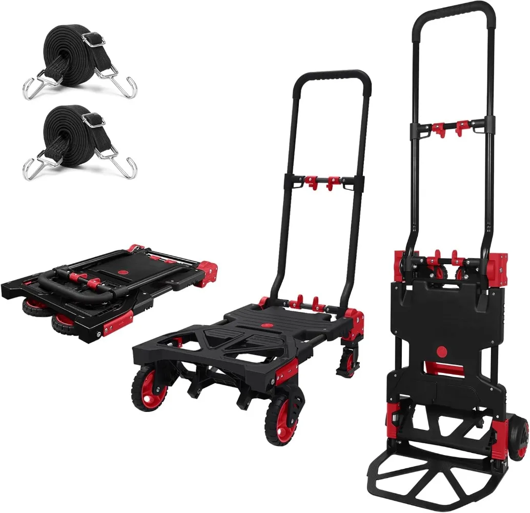 

330lbs Capacity Heavy Duty Dolly Cart with 2 Elastic Bungee Rope,4 Rubber Wheels,Retractable Handle,Luggage,Travel,Moving,Use