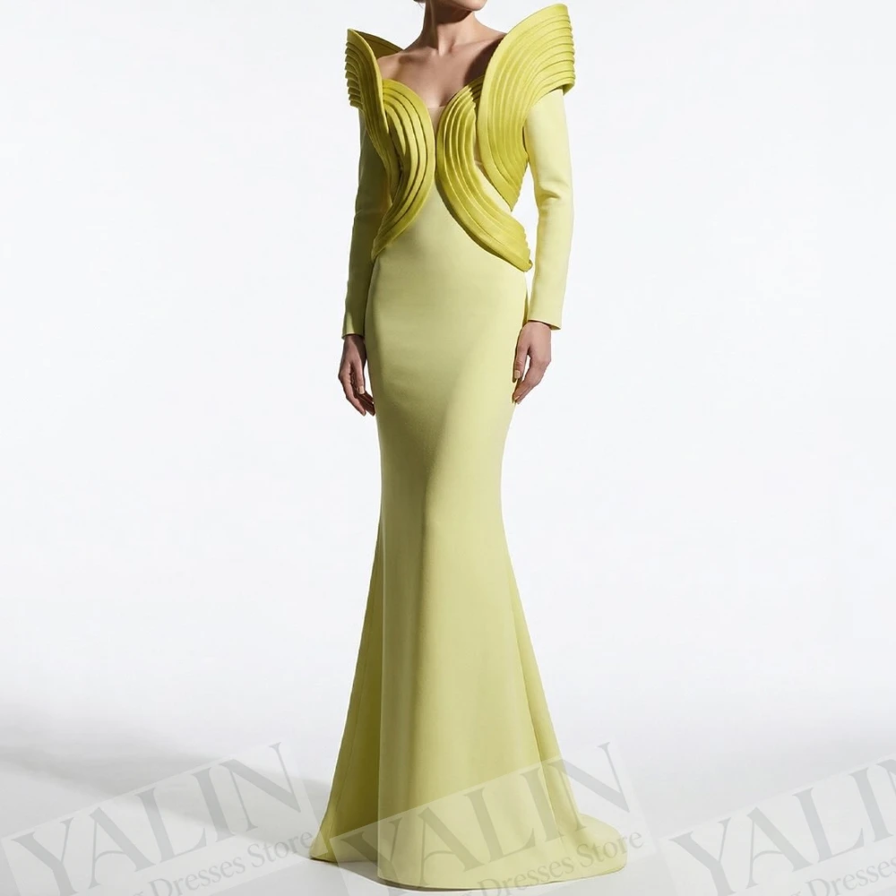 

Women's Mermaid Evening Dresses Floor-length V-neck Full Sleeve Prom Dresses Fashion Pleat Simple Draped Customized Gowns