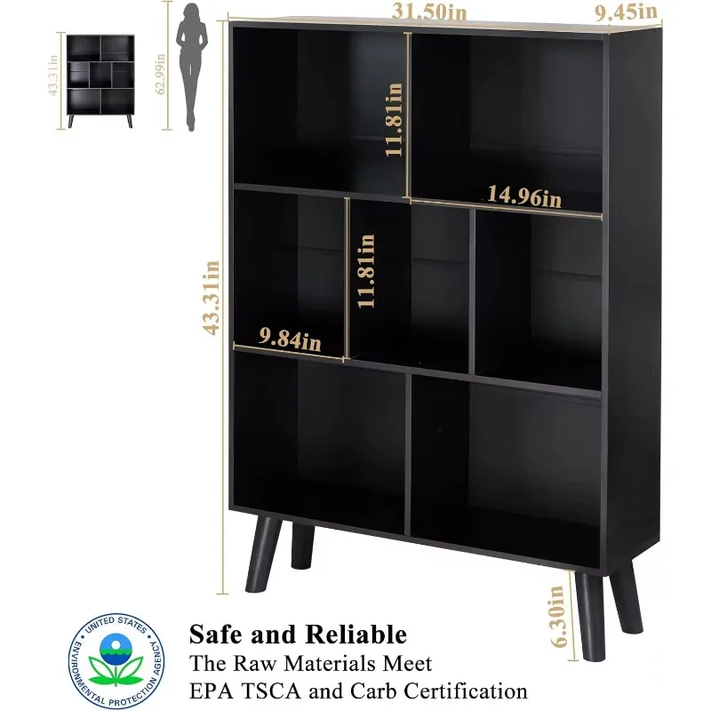 Black Bookshelf,3 Tier Modern Bookcase with Legs,Bookshelves Wood Storage Shelf, Open Book Shelves Cube Organizer