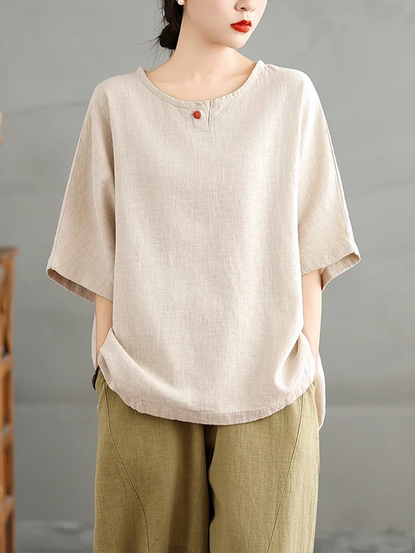 الرجعية الصينية Sle فضفاضة تناسب الكتان ort Sve تي شيرت المرأة الصيف رقيقة القطن الكتان جولة Ne رداء علوي غير رسمي