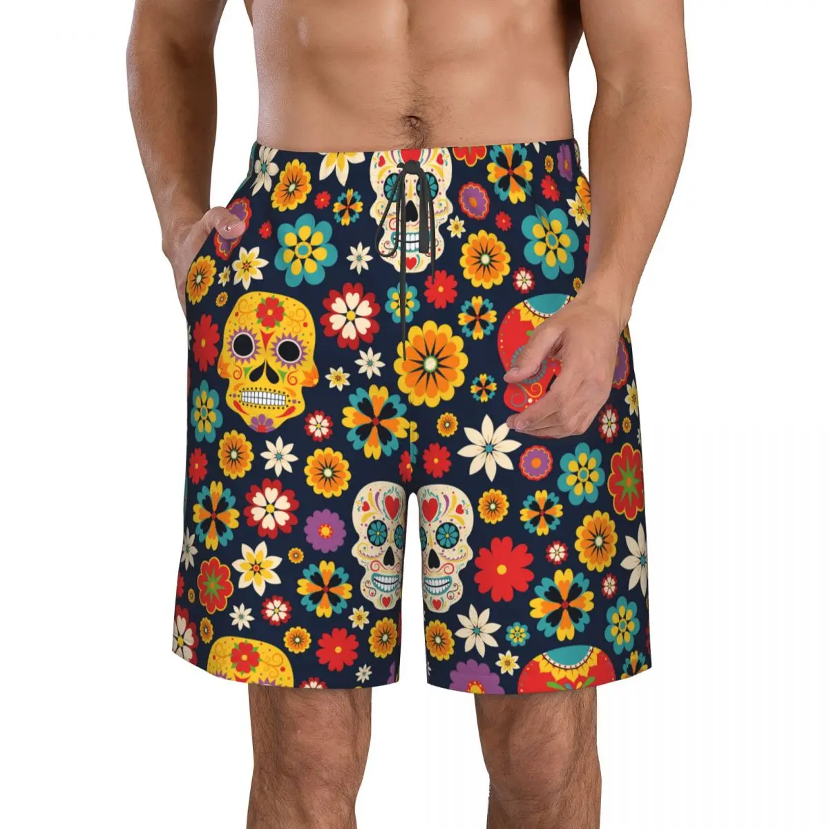 Men's Swim Shorts Trunks Dia De Los Muertos Pattern Beach Board Shorts Running Sports Surfing Swimwear