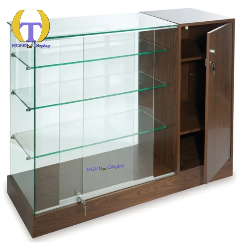 Custom.Multiple Clear Glass Shelves Sophisticated Display Space Retail Showcase With Sturdy Wooden Base Perfect for Any Retail S