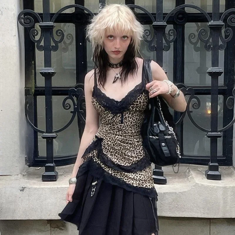 

Street Sle Knot Lace Splice Leopard Print Crop Top Design Sense Hemline Vest WEEKEEP Trendy Women's Faion