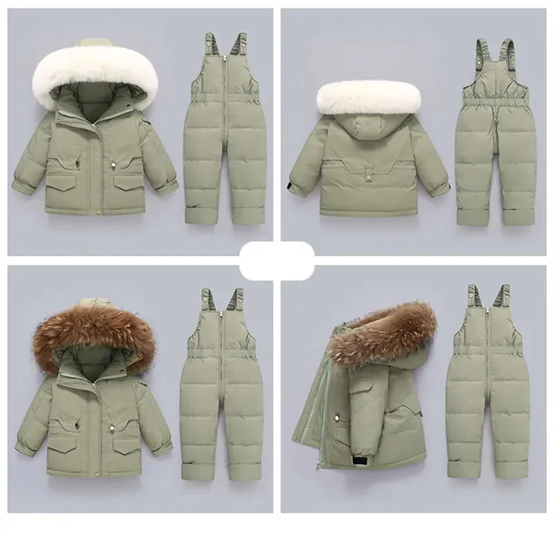 

Children Winter Clothes Set 2023-30 Degree Duck Down Jacket Jumpsuit Baby Boy Parka Fur Girl Toddler Thick Warm Overall Snowsuit