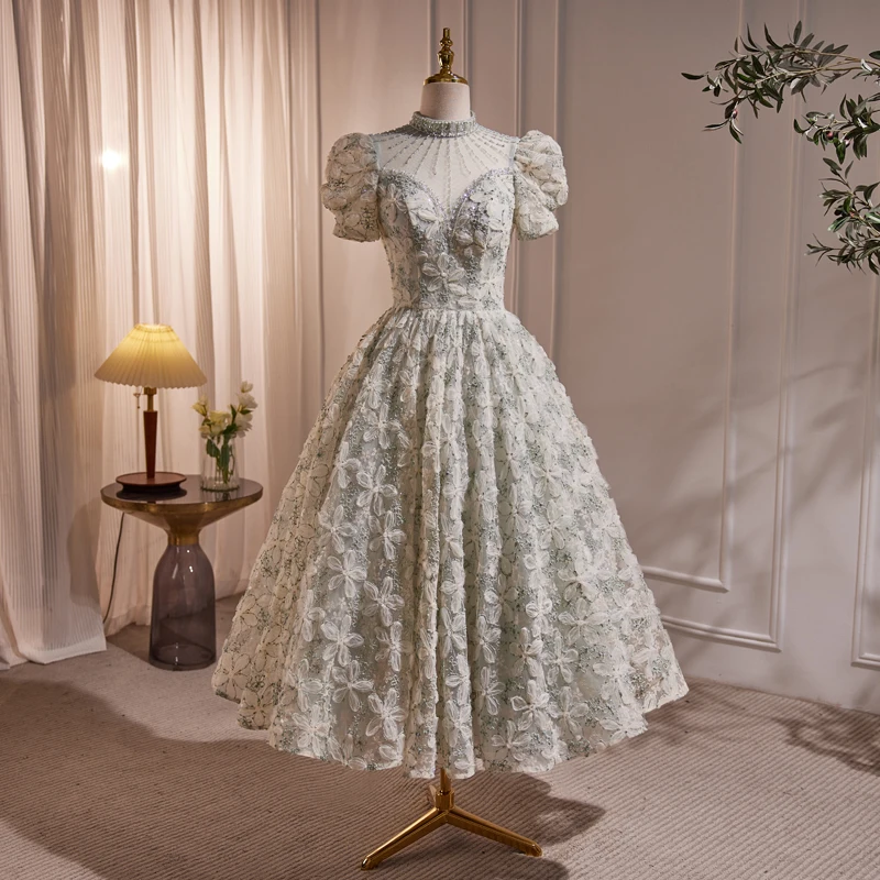 AnXin SH princess light green Lace flower high neck beading crystal short sleeve customized evening dress little white dress