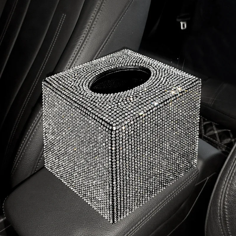 Full Diamond Shiny Square Tissue Box, Crystal Tissue Box, Exquisite Car Decoration Products, Car Interior Accessories