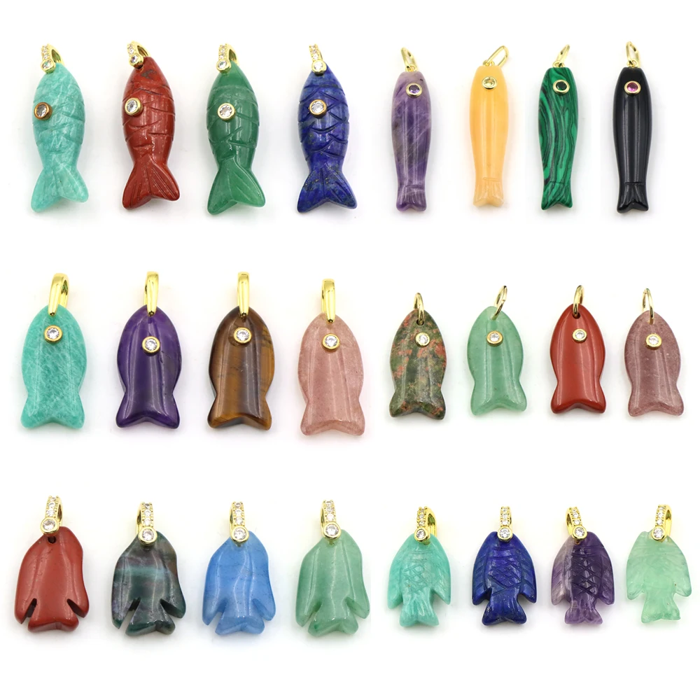 Random Natural Stone Fish Shape Inlaid Zircon Healing Crystal Amethyst Carved Gemstone DIY Jewelry Accessories Christmas Gift