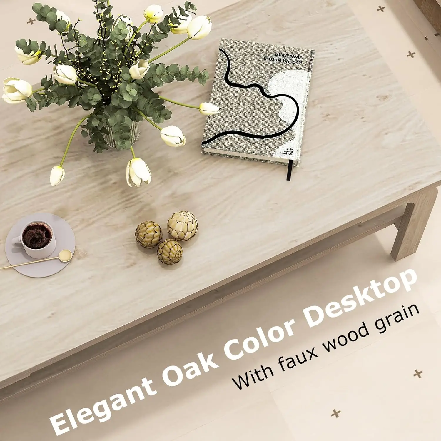 Table basse à 2 niveaux avec rangement, table centrale en bois rustique de 47 po, étagère ouverte et pieds incurvés, finition naturelle