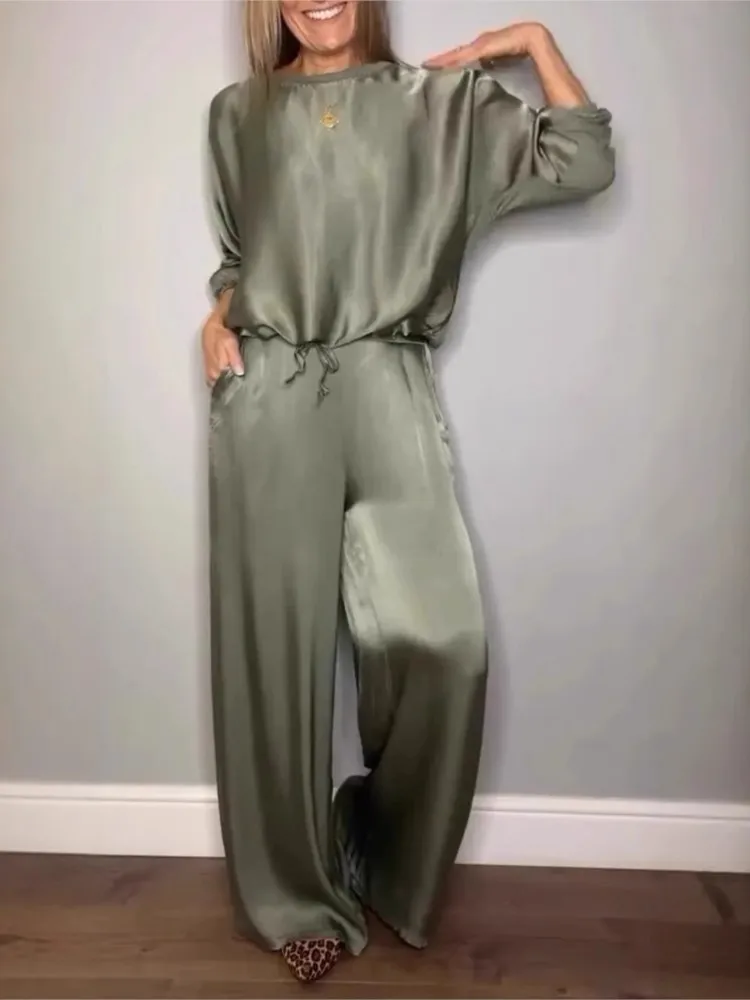 

2025 Spring Women Tracksuit Suit Elegant O-neck Top Wide-leg Pants Set Female Spring New Fashion Casual Lady Two Piece Sets