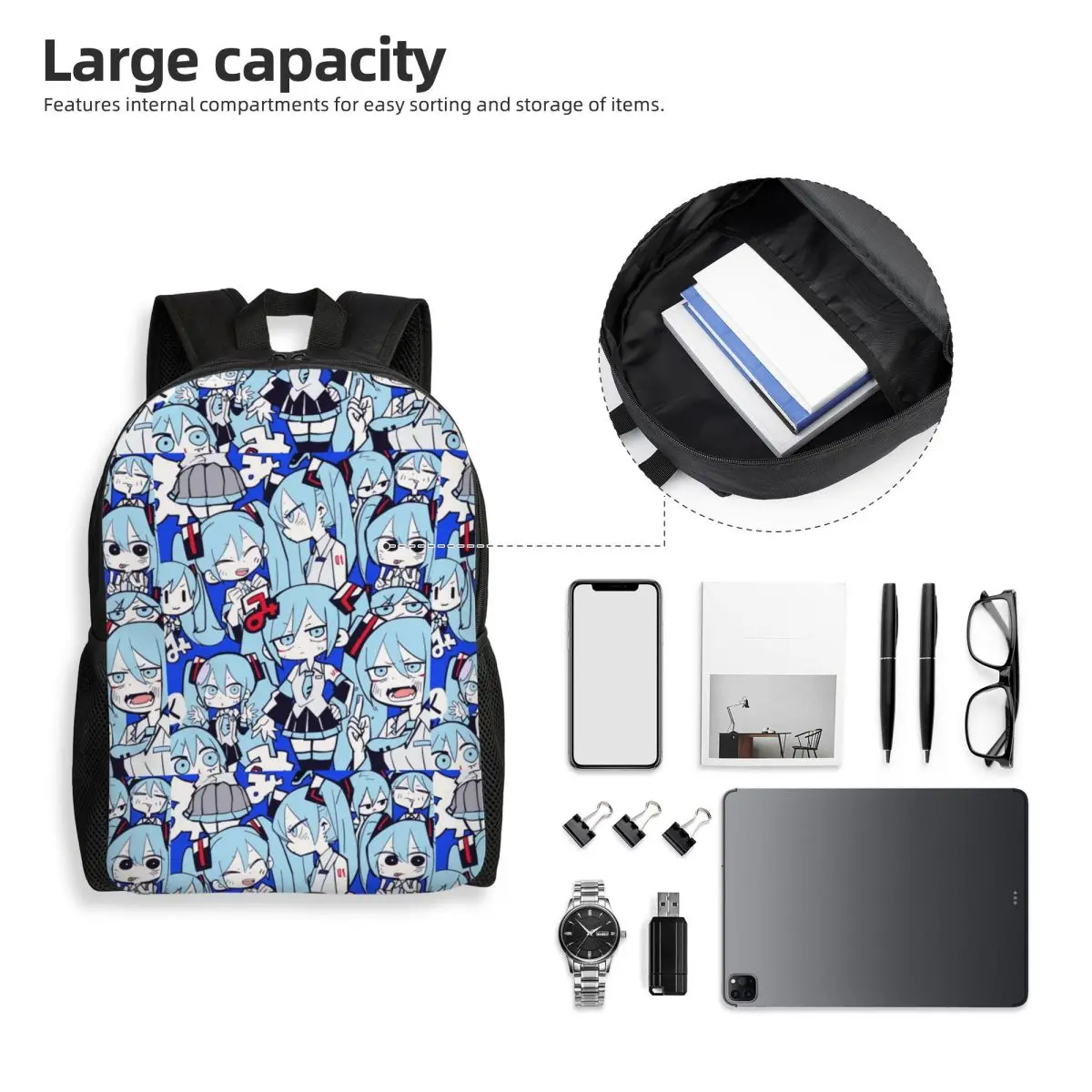 Mochilas personalizadas Hatsuned Mikues para mulheres e homens, bolsa escolar resistente à água com impressão de livros