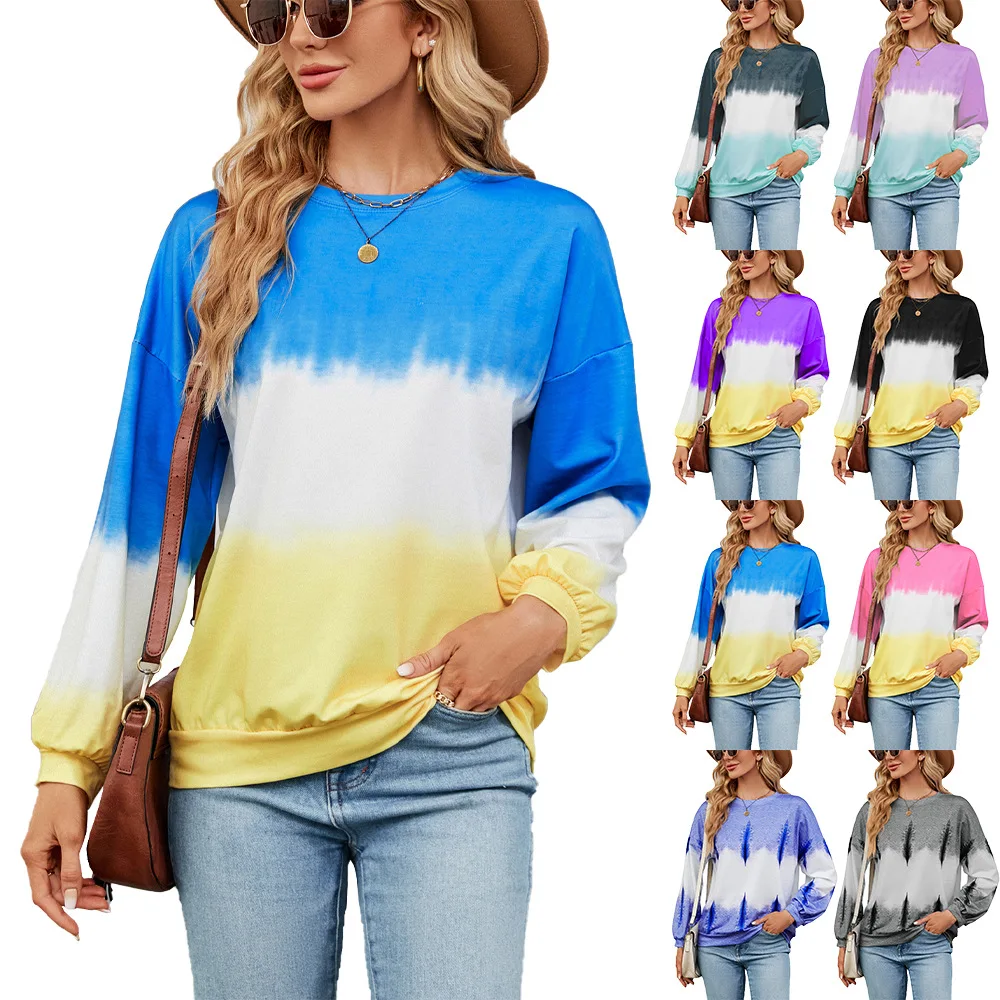 

YJKDYK Spring Autumn Women's Pullovers Tops Female Tie Dye Contrast O-neck Long Sleeved Tops Lady's Casual Loose Sweatshirt