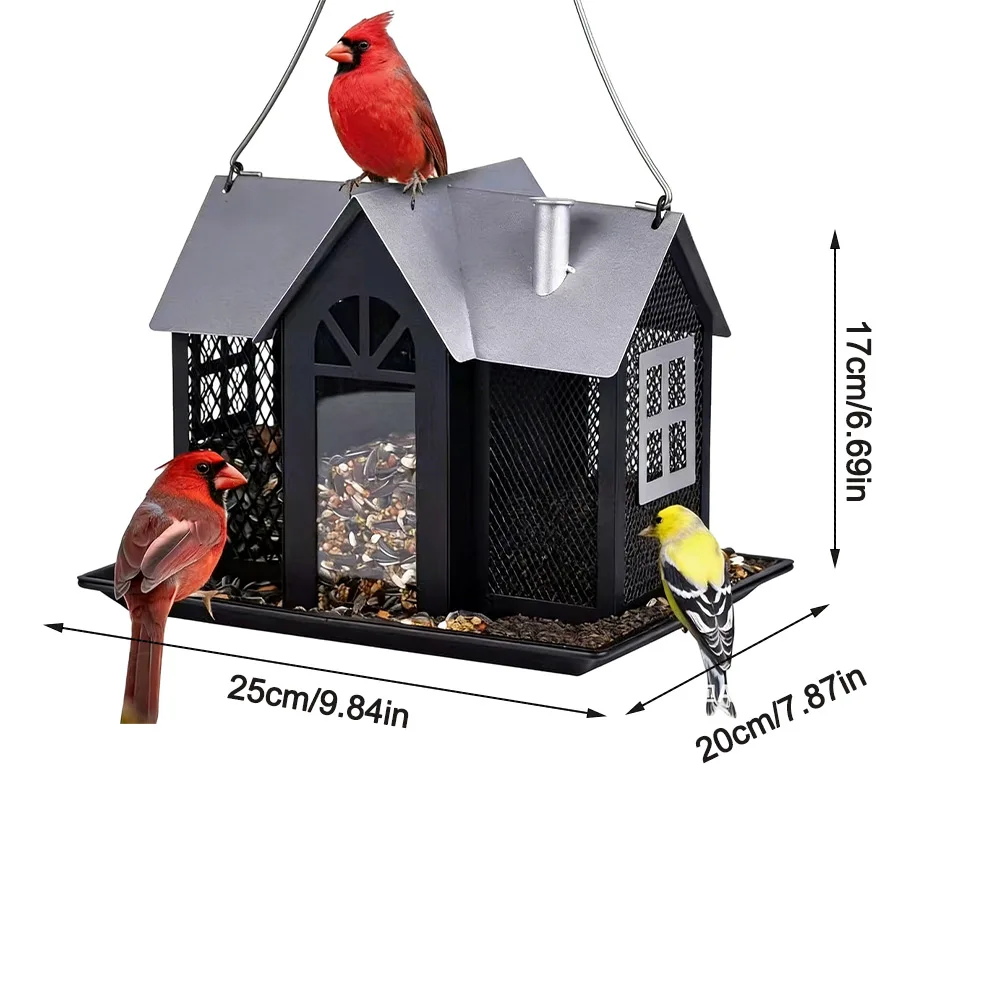 Hanging Solar Bird Feeder House for Gardens Squirrel for proof Metal Frame Solar Powered Light Day Night Use 25x20x17cm