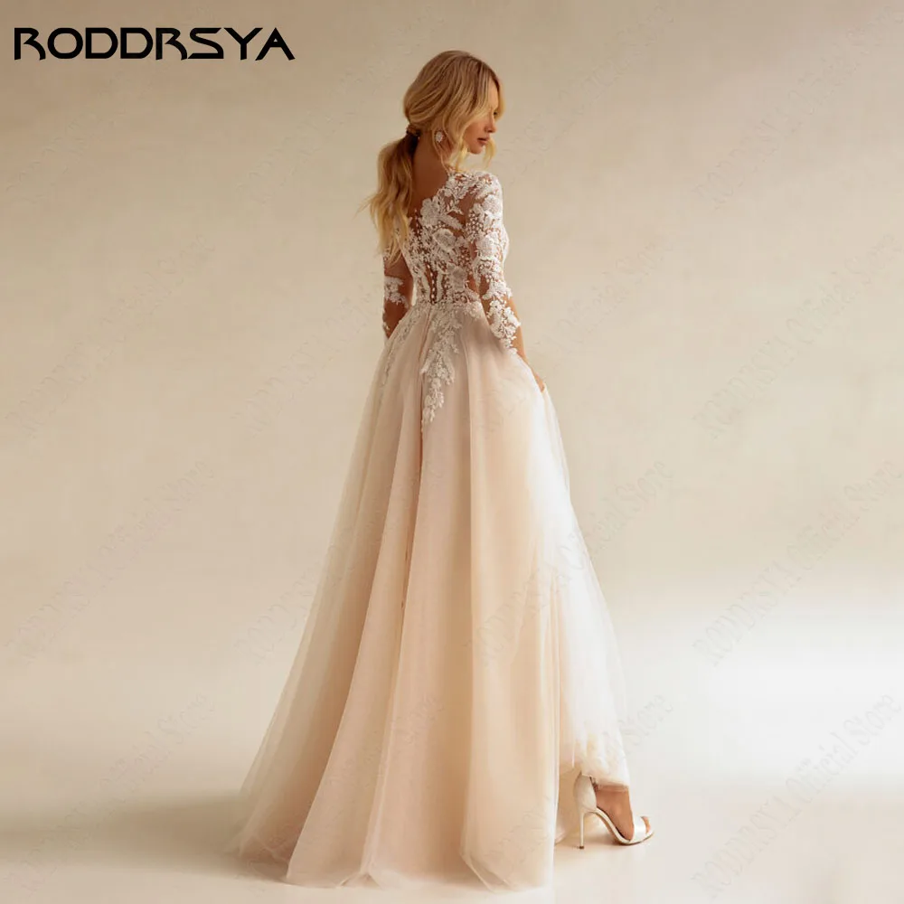 RODDRSYA Bohemian Long Sleeve Wedding Dress Women A Line See Through Lace Appliqued Beach Bridal Dress Wedding Gowns Customized