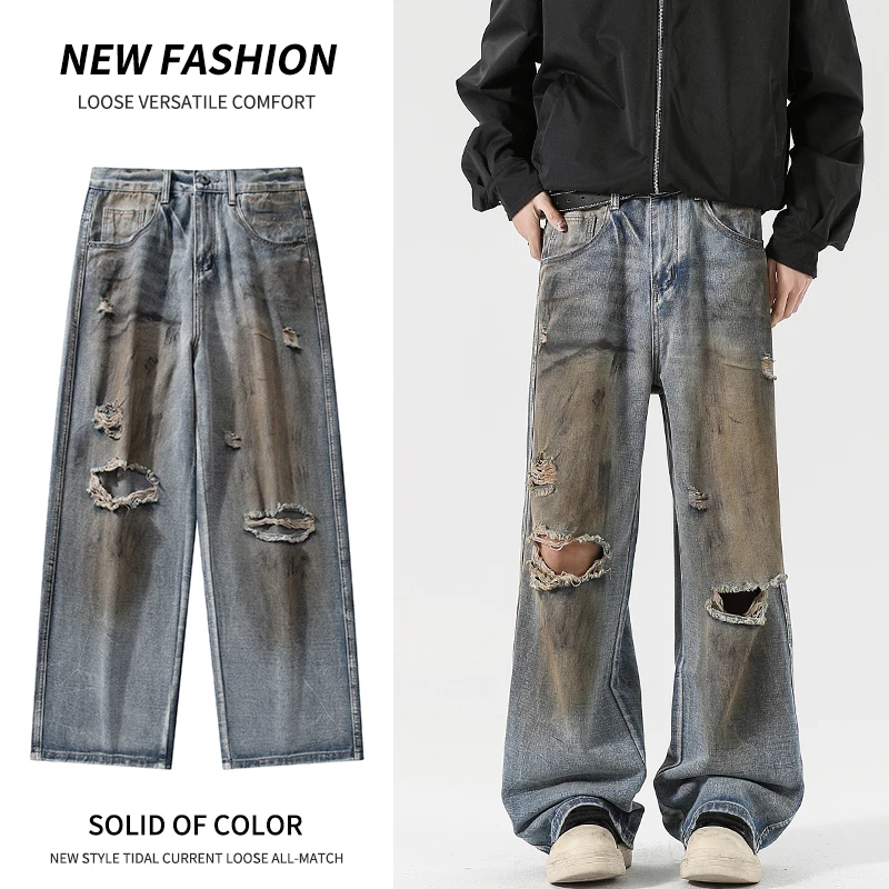 

Мужские джинсы-багги в американском стиле, с эффектом потертости, рваные, свободные, новый тренд, прямые широкие джинсы из денима в уличном стиле